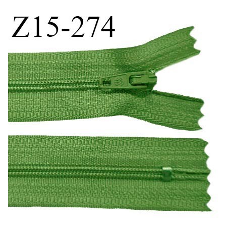 Fermeture zip 15 cm couleur vert non séparable largeur 2.5 cm glissière nylon largeur 4 mm longueur 15 cm prix à l'unité