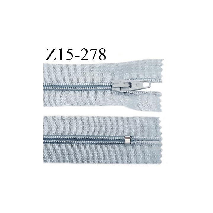 Fermeture zip 15 cm couleur gris bleuté clair non séparable largeur 2.5 cm glissière nylon largeur 4 mm prix à l'unité