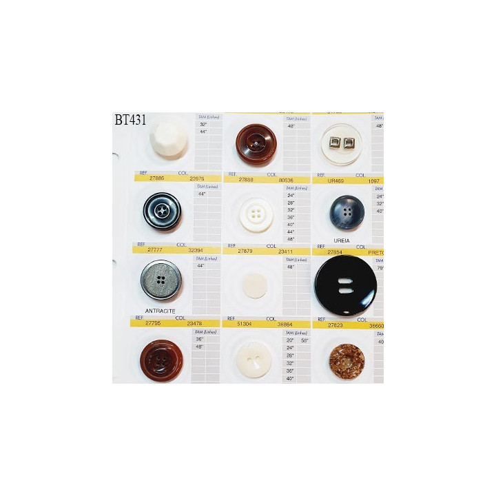 Plaque de 11 boutons pour création unique diamètre de 25 à 45 mm et 2 boucles fabrication européenne prix pour la plaque entière