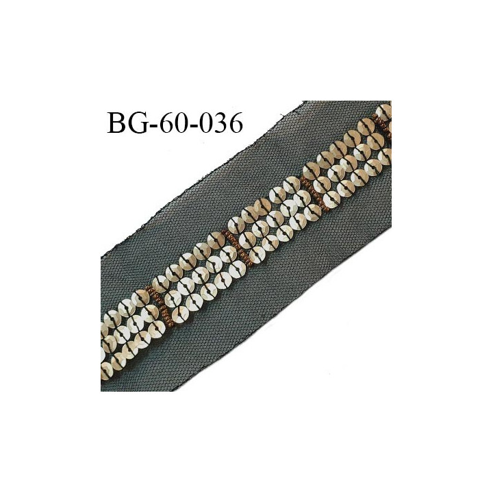 Galon 60 mm décor sequins couleur doré cousus sur une bande de tulle noir de 60 mm de large prix au mètre