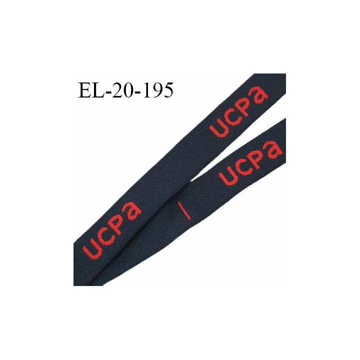 Elastique 20 mm haut de gamme couleur noir avec inscription rouge UCPA largeur 20 mm très doux au toucher prix au mètre