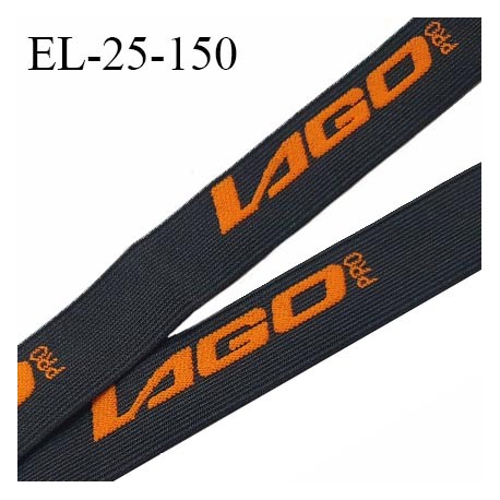 Elastique 27 mm haut de gamme couleur noir avec inscription orange LAGO PRO prix au mètre