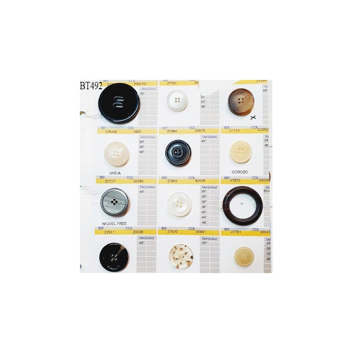 Plaque de 11 boutons pour création unique diamètre 20 à 44 mm et 1 anneau diamètre intérieur 27 mm prix pour la plaque entière
