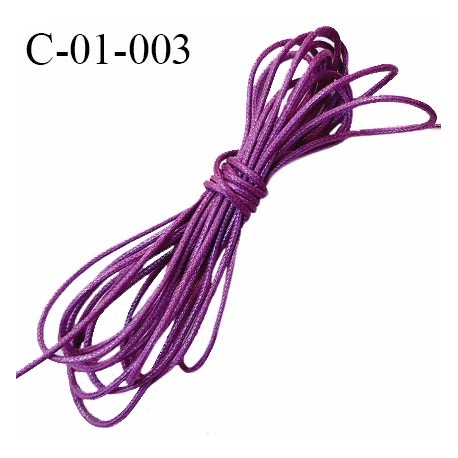 Cordon 1 mm en coton ciré très solide couleur violet diamètre 1 mm prix au mètre