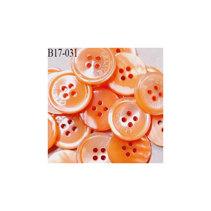 Bouton nacré 17 mm inscription CELINE très haut de gamme couleur orange 4 trous diamètre 17 mm épaisseur 3 mm prix à l'unité
