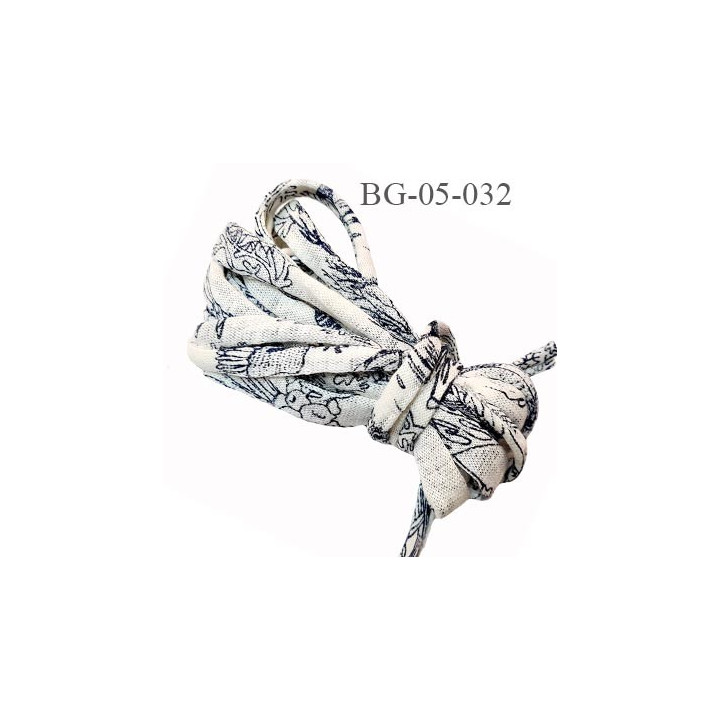 Galon  jersey coton largeur 25 mm enroulé sur lui-même finition 5 à 8 mm de diamètre extensible écru et bleu prix au mètre