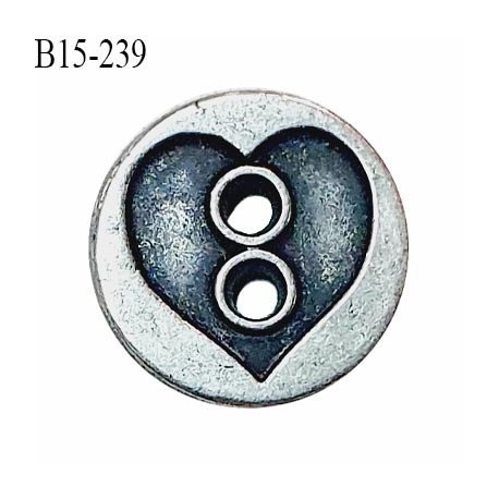 Bouton 15 mm en métal chrome avec motif coeur 2 trous diamètre 15 mm épaisseur 2 mm prix à l'unité