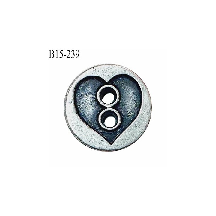 Bouton 15 mm en métal chrome avec motif coeur 2 trous diamètre 15 mm épaisseur 2 mm prix à l'unité
