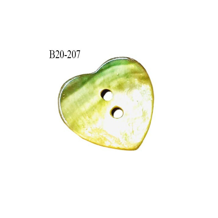 Bouton coeur nacre couleur vert anis 2 trous largeur 20 mm prix à la pièce