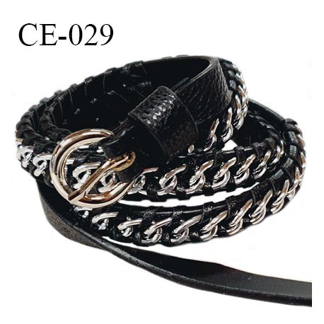 Ceinture 105 cm façon cuir tressé couleur noir avec chaîne couleur argent et boucle couleur argent prix à l'unité