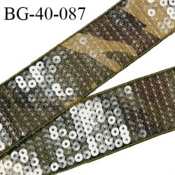 Galon ruban 40 mm motif camouflage avec sequins transparents largeur 40 mm vendu en laize de 3 mètres 50