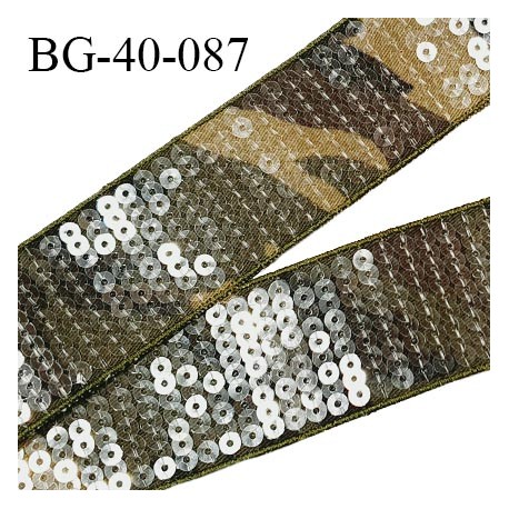 Galon ruban 40 mm motif camouflage avec sequins transparents largeur 40 mm prix au mètre