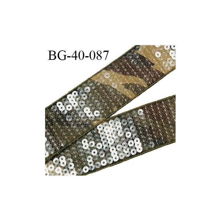 Galon ruban 40 mm motif camouflage avec sequins transparents largeur 40 mm prix au mètre