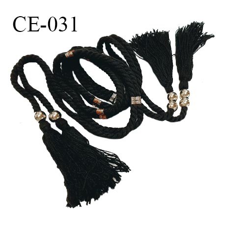 Ceinture 140 cm double lanières torsadées coton couleur noir avec franges perles couleur argent prix à l'unité