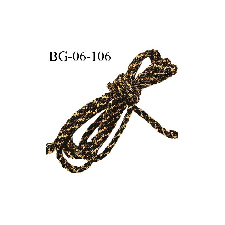 Galon cordon 6 mm couleur noir avec chaînette dorée diamètre 6 mm prix au mètre