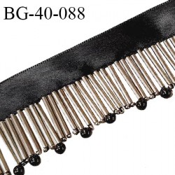 Galon franges de perles avec une bande satin noir largeur 15 mm + 25 mm de franges perles couleur chrome et noir prix au mètre