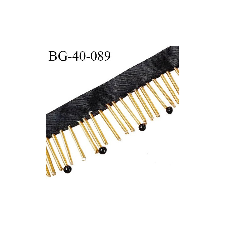 Galon franges de perles avec une bande satin noir largeur 15 mm + 25 mm de franges perles couleur or et noir prix au mètre