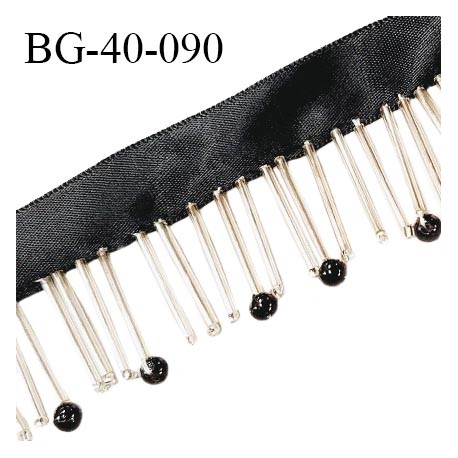 Galon franges de perles avec une bande satin noir largeur 15 mm + 25 mm de franges perles couleur argent et noir prix au mètre