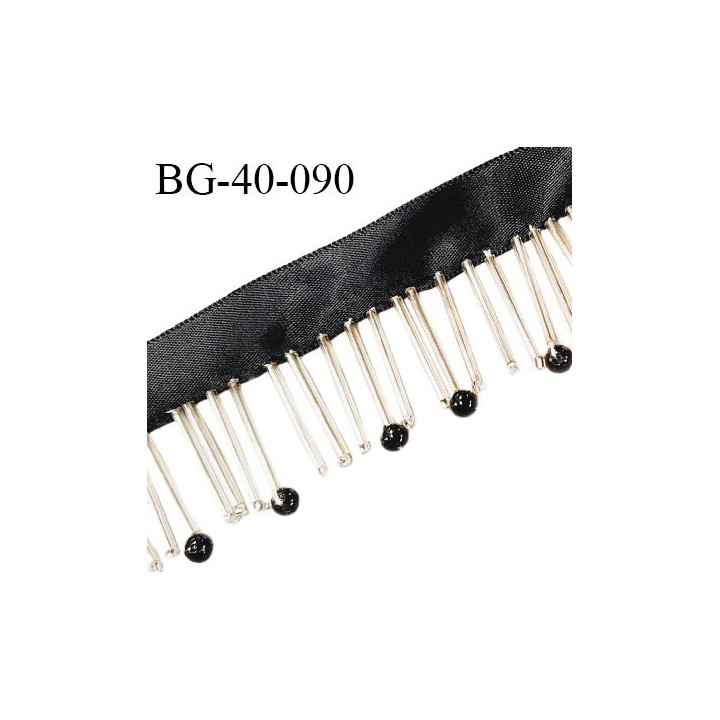 Galon franges de perles avec une bande satin noir largeur 15 mm + 25 mm de franges perles couleur argent et noir prix au mètre