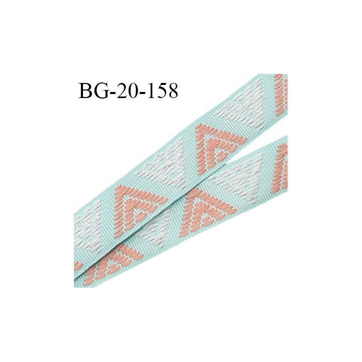 Galon ruban petit grain brodé 20 mm couleur vert d'eau corail et blanc prix au mètre