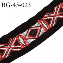 Galon ruban 45 mm motifs rouges et blancs brodés sur tissu noir largeur 45 mm prix au mètre