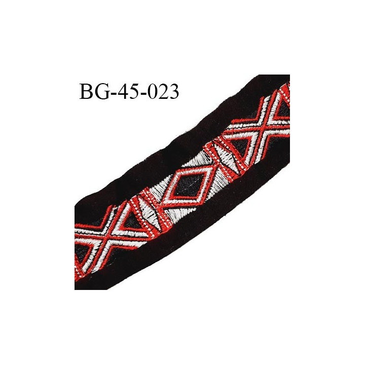 Galon ruban 45 mm motifs rouges et blancs brodés sur tissu noir largeur 45 mm prix au mètre