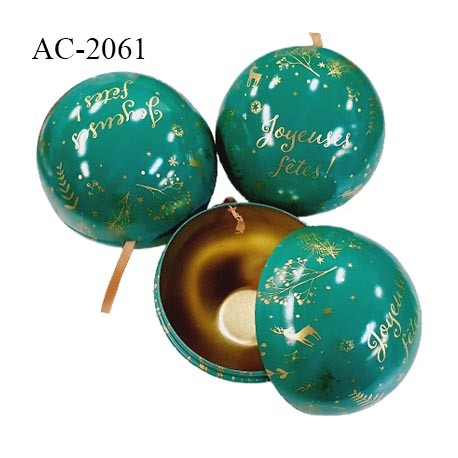 Boule de Noël boîte cadeau en fer couleur vert et doré avec inscription Joyeuses Fêtes diamètre 9.5 cm prix à la pièce