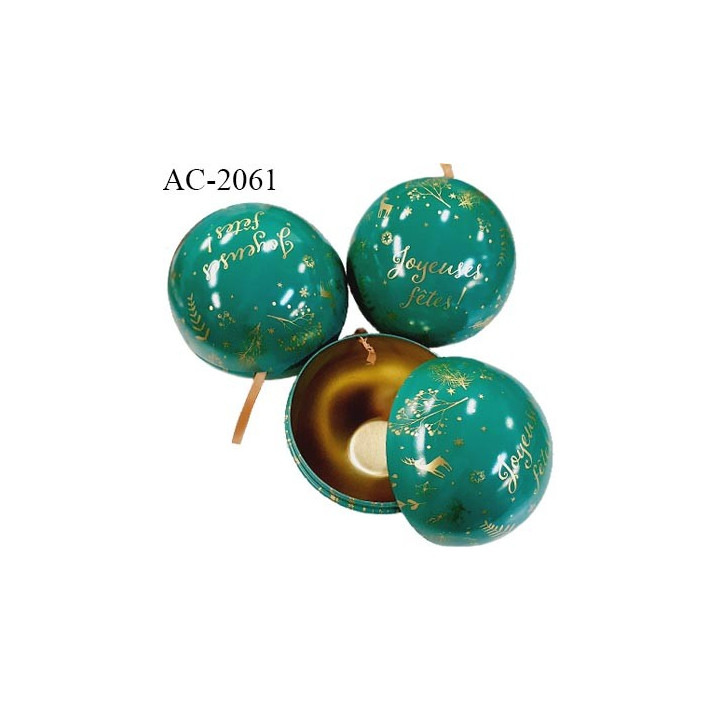 Boule de Noël boîte cadeau en fer couleur vert et doré avec inscription Joyeuses Fêtes diamètre 9.5 cm prix à la pièce