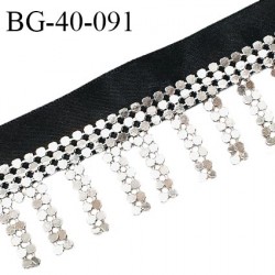 Galon franges de perles avec une bande satin noir largeur 20 mm + 20 mm de franges perles couleur argent prix au mètre