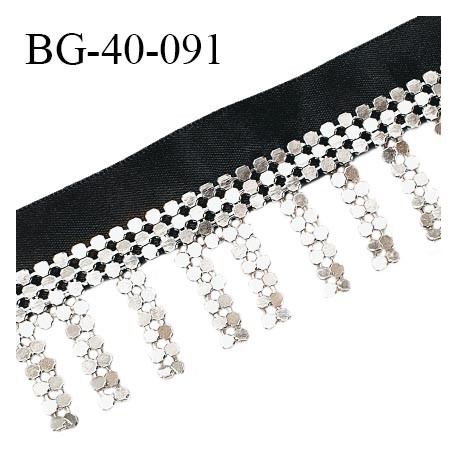 Galon franges de perles avec une bande satin noir largeur 20 mm + 20 mm de franges perles couleur argent prix au mètre