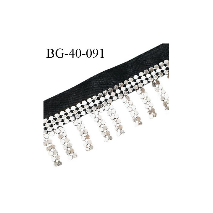 Galon franges de perles avec une bande satin noir largeur 20 mm + 20 mm de franges perles couleur argent prix au mètre