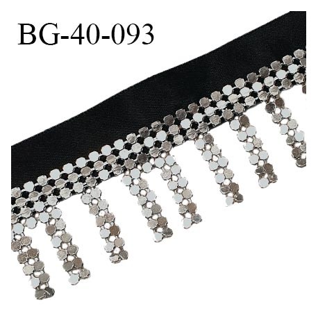Galon franges de perles avec une bande satin noir largeur 20 mm + 20 mm de franges perles couleur chrome prix au mètre