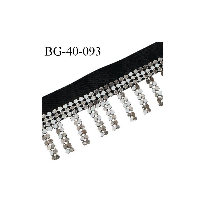 Galon franges de perles avec une bande satin noir largeur 20 mm + 20 mm de franges perles couleur chrome prix au mètre