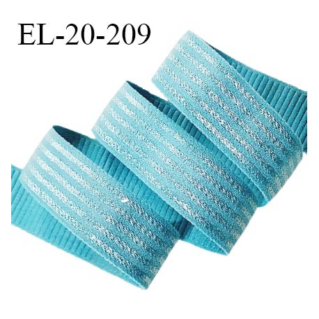 Elastique 20 mm lingerie haut de gamme couleur bleu turquoise rayé brillant doux au toucher prix au mètre