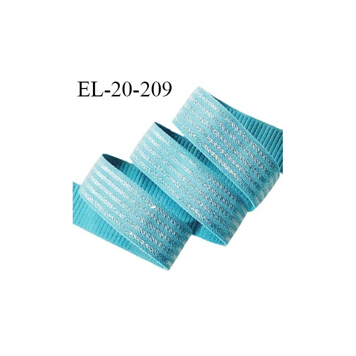 Elastique 20 mm lingerie haut de gamme couleur bleu turquoise rayé brillant doux au toucher prix au mètre