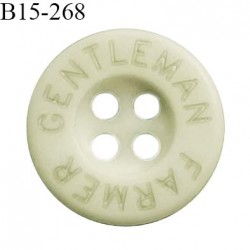 Bouton 15 mm en pvc couleur vert clair inscription Gentleman Farmer 4 trous diamètre 15 mm épaisseur 3 mm prix à la pièce