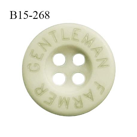 Bouton 15 mm en pvc couleur vert clair inscription Gentleman Farmer 4 trous diamètre 15 mm épaisseur 3 mm prix à la pièce