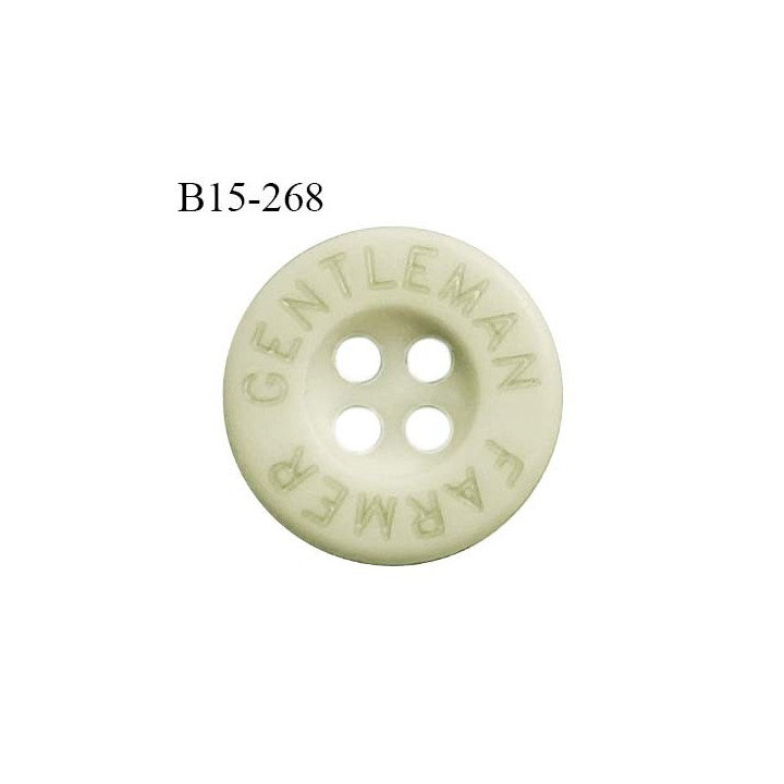 Bouton 15 mm en pvc couleur vert clair inscription Gentleman Farmer 4 trous diamètre 15 mm épaisseur 3 mm prix à la pièce