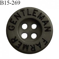 Bouton 15 mm en pvc couleur vert kaki foncé inscription Gentleman Farmer 4 trous diamètre 15 mm épaisseur 3 mm prix à la pièce