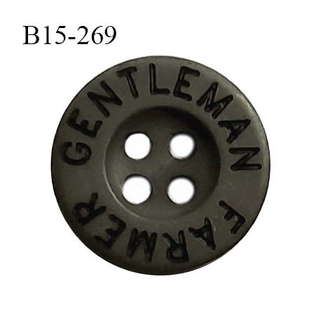 Bouton 15 mm en pvc couleur vert kaki foncé inscription Gentleman Farmer 4 trous diamètre 15 mm épaisseur 3 mm prix à la pièce