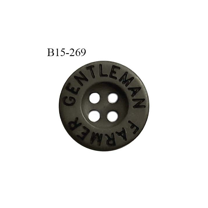 Bouton 15 mm en pvc couleur vert kaki foncé inscription Gentleman Farmer 4 trous diamètre 15 mm épaisseur 3 mm prix à la pièce