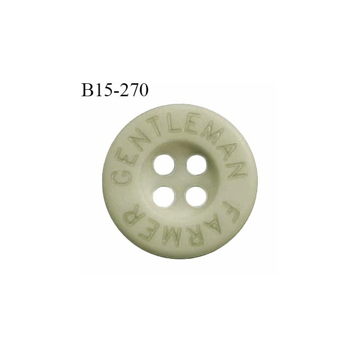 Bouton 15 mm en pvc couleur vert inscription Gentleman Farmer 4 trous diamètre 15 mm épaisseur 3 mm prix à la pièce