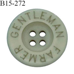 Bouton 15 mm en pvc couleur vert de gris inscription Gentleman Farmer 4 trous diamètre 15 mm épaisseur 3 mm prix à la pièce