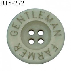 Bouton 15 mm en pvc couleur vert de gris inscription Gentleman Farmer 4 trous diamètre 15 mm épaisseur 3 mm prix à la pièce