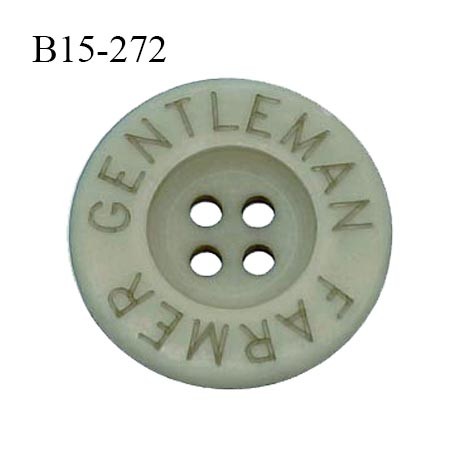 Bouton 15 mm en pvc couleur vert de gris inscription Gentleman Farmer 4 trous diamètre 15 mm épaisseur 3 mm prix à la pièce