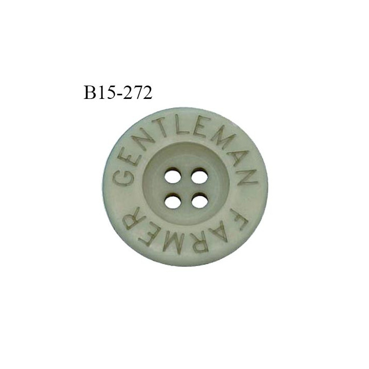 Bouton 15 mm en pvc couleur vert de gris inscription Gentleman Farmer 4 trous diamètre 15 mm épaisseur 3 mm prix à la pièce