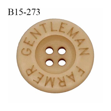 Bouton 15 mm en pvc couleur beige foncé inscription Gentleman Farmer 4 trous diamètre 15 mm épaisseur 3 mm prix à la pièce