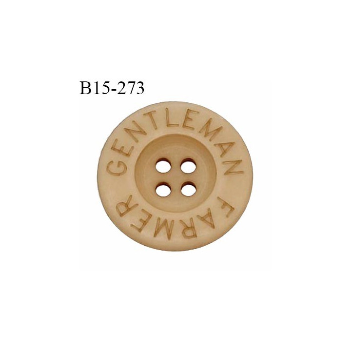 Bouton 15 mm en pvc couleur beige foncé inscription Gentleman Farmer 4 trous diamètre 15 mm épaisseur 3 mm prix à la pièce