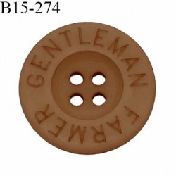 Bouton 15 mm en pvc couleur marron inscription Gentleman Farmer 4 trous diamètre 15 mm épaisseur 3 mm prix à la pièce