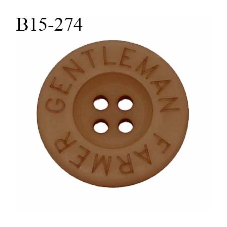 Bouton 15 mm en pvc couleur marron inscription Gentleman Farmer 4 trous diamètre 15 mm épaisseur 3 mm prix à la pièce